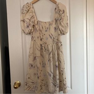 H&M  Smocked Dress Cream w Light Purple Flowers